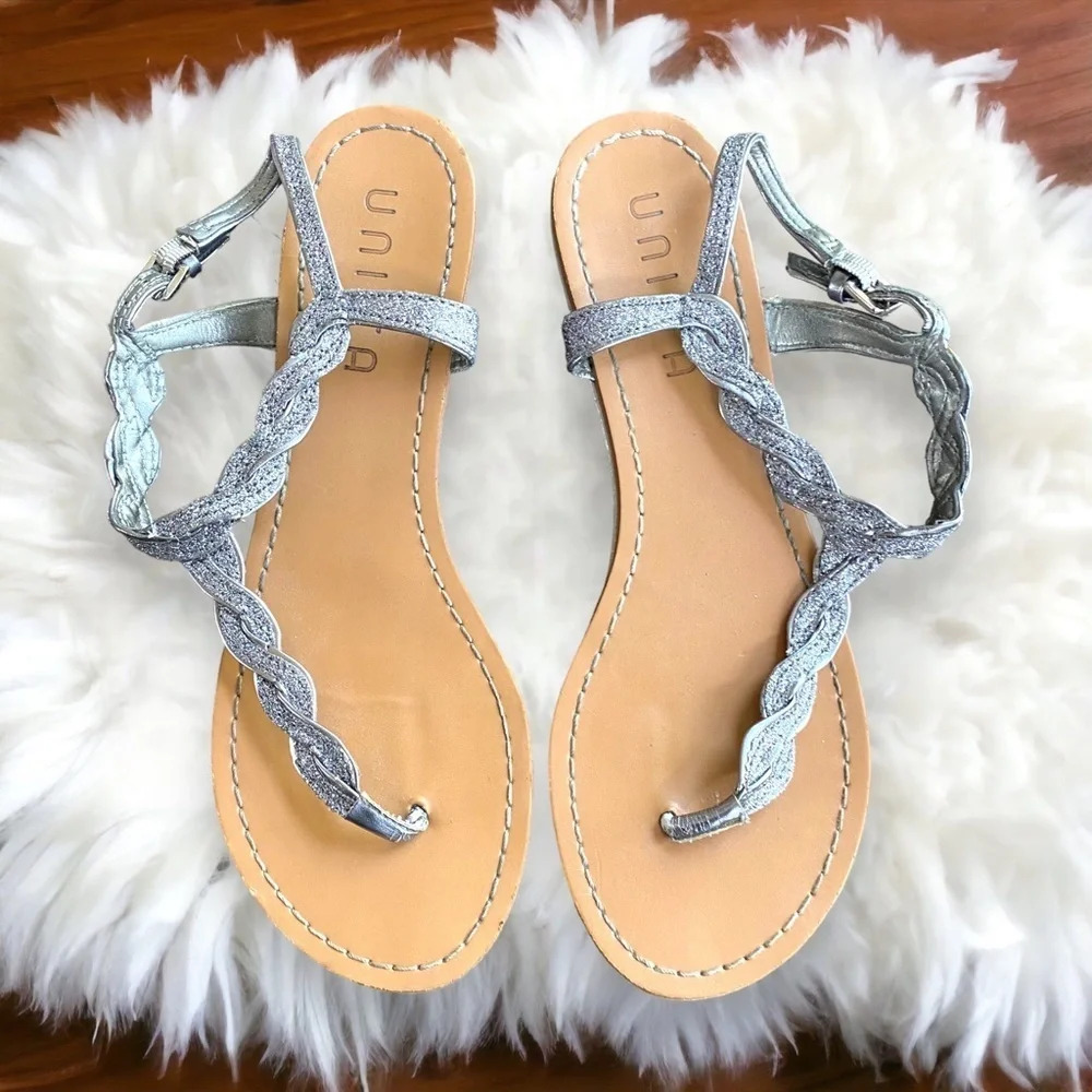 Womens Thong Sandals Silver Braided Strap Ankle Buckle Comfort Casual - Picture 10 of 12